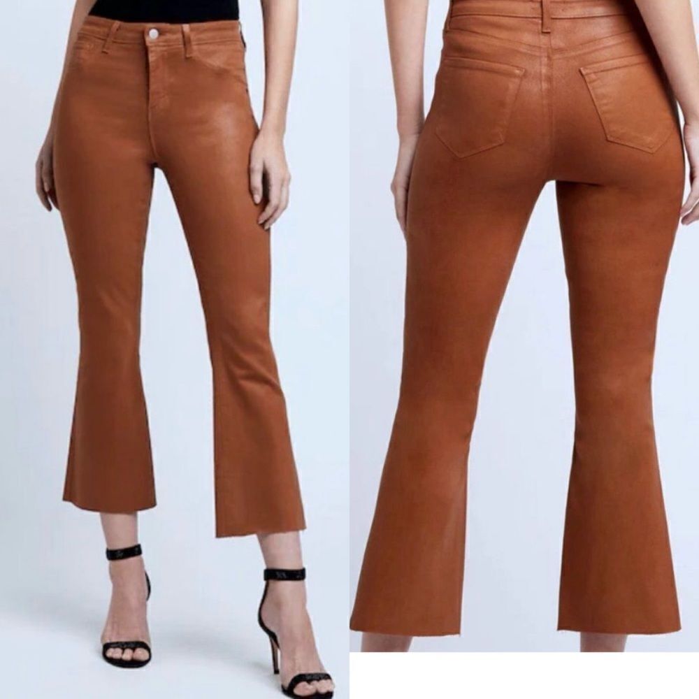 NWT L'AGENCE Kendra High Rise Crop Flared Leg Jeans Java Coated Raw Hem- Size 24